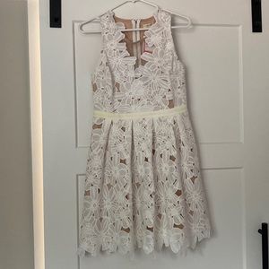 Just Me white floral lace w/ nude sheer mini dress